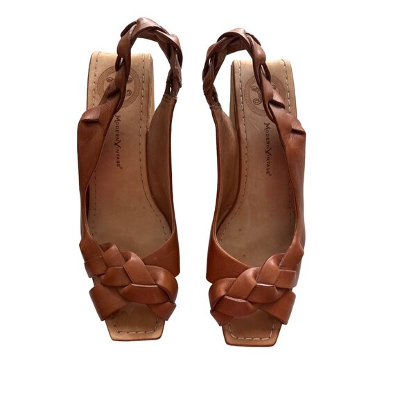 Modern Vintage Platform Wedge Sandals Brown Sling Back Leather Size 7.5 - Picture 3 of 11